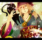  bandana blonde_hair butterfly cat facepaint japanese_clothes jewelry kusuriuri_(mononoke) letterboxed long_hair lying male mononoke nail_polish necklace pointy_ears purple_eyes solo violet_eyes washi_(micino) 