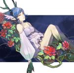  blue_hair c_(control) c_the_money_of_soul_and_possibility_control choker closed_eyes daniu dress eyes_closed flower head_wings horns pale_skin pointy_ears q_(control) short_dress sleeping solo vines white_dress 