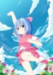  alternate_costume blue_eyes blue_hair blush bow cirno d2c flower hair_bow hoodie short_hair skirt smile solo touhou wings 