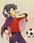  bad_id ball belt blue_hair bracelet cloak hand_in_pocket inazuma_eleven inazuma_eleven_(series) inazuma_eleven_go jewelry male pants soccer_ball solo spiked_bracelet spikes tsurugi_kyousuke wakaya_hana yellow_eyes 