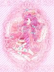  bow cake covering_mouth doily dress food fork frills gathers hair_bow highres lace neme pantyhose patchouli_knowledge pink plate print_legwear ruffles sitting solo touhou 