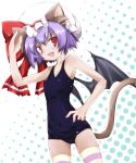  1girl alternate_costume animal_ears bare_shoulders bat_wings cat_ears cat_tail hat kemonomimi_mode lavender_hair open_mouth panties red_eyes remilia_scarlet school_swimsuit short_hair smile solo striped striped_panties swimsuit tail thighhighs touhou underwear wings yumesato_makura 