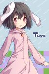  :o animal_ears black_hair blush bunny_ears carrot character_name fuguno hoodie inaba_tewi open_mouth red_eyes short_hair solo touhou 