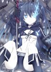  black_rock_shooter black_rock_shooter_(character) blue_eyes fire kurifuto scar shorts sitting solo sword twintails weapon 