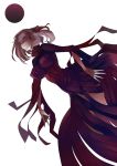  breasts bun-o dark_sakura dress fate/stay_night fate_(series) glowing glowing_eyes hair_over_one_eye hair_ribbon impossible_clothes impossible_dress large_breasts matou_sakura red_eyes ribbon solo type-moon white_background 