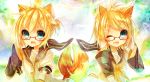  aqua_eyes bespectacled blonde_hair brother_and_sister detached_sleeves fang fox_ears fox_tail glasses hair_ornament hair_ribbon inaresi intertwined_tails kagamine_len kagamine_rin kemonomimi_mode open_mouth ribbon sailor_collar short_hair siblings smile tail twins vocaloid wink 