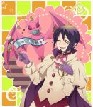  ahoge ao_no_exorcist bat beard black_hair cape demon facial_hair gloves goatee male mephisto_pheles multicolored_hair necktie pointy_ears purple_hair smile solo translation_request tsu wink yellow_eyes 