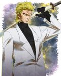  amada blonde_hair character_request formal glaring highres male match_(toriko) smile solo suit sword toriko_(series) weapon 