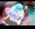  bad_id clock clock_tower crescent dress flower full_moon hanamiboshi maani moon red_eyes remilia_scarlet solo touhou tower wings 