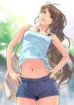  brown_eyes brown_hair carina_(xiaowoo) hands_on_hips happy highres long_hair midriff navel open_mouth original shorts smile solo tank_top very_long_hair 