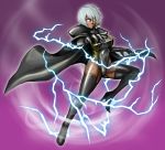  cape dark_skin flying highres leotard lightning marvel no_pupils reaching shibusun short_hair silver_hair storm_(x-men) x-men 