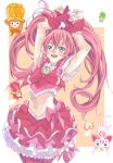  arms_up blue_eyes bow cure_melody earrings fairy_tone heart houjou_hibiki hummy_(suite_precure) jewelry magical_girl midriff navel open_mouth pink_hair precure skirt suite_precure thighhighs toromi_chuuka twintails 
