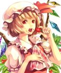  ascot blonde_hair bow crystal eating fang flandre_scarlet food fruit hat holding holding_fruit holding_strawberry leaf open_mouth red_eyes short_hair side_ponytail solo strawberry the_embodiment_of_scarlet_devil tongue touhou wings yuumeibokumeimei 