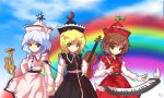  alphes_(style) ascot blonde_hair blue_eyes brown_eyes brown_hair crescent_moon dress frills hat instrument kaoru_(gensou_yuugen-an) keyboard_(instrument) lunasa_prismriver lyrica_prismriver merlin_prismriver moon multiple_girls parody piano rainbow short_hair siblings sisters sky smile star style_parody touhou trumpet violin white_hair wings yellow_eyes 