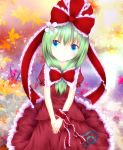  blue_eyes blush bow dress flower frills fromage_tart front_ponytail furomaaju_(fromage) green_hair hair_bow hair_flower hair_ornament hair_ribbon kagiyama_hina long_hair ribbon smile solo touhou 