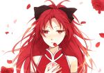  bad_id bare_shoulders bow bust colored_eyelashes detached_sleeves eyelashes flower hair_bow knt31 long_hair magical_girl mahou_shoujo_madoka_magica mouth_hold petals red_eyes red_hair red_rose redhead rose rose_petals sakura_kyouko simple_background solo tsuzuya_(knt31) 