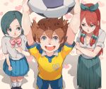  ball blue_eyes blue_hair crossed_arms green_eyes hair_ribbon heart holding inazuma_eleven inazuma_eleven_(series) inazuma_eleven_go kamitoenpitu long_hair looking_up matsukaze_tenma multiple_girls open_mouth red_hair redhead ribbon school_uniform seto_midori short_hair sleeves_rolled_up smile soccer_ball soccer_uniform sorano_aoi 