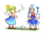  :o acrylic_paint_(medium) ahoge blue_dress blue_eyes blue_hair bow bubble bubble_blowing cirno colored_pencil_(medium) daiyousei dress fairy_wings grass green_eyes green_hair hair_bow large_bow mary_janes multiple_girls shoes short_hair side_ponytail soap_bubbles terajin touhou traditional_media wings 