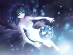  earth globe glowing green_eyes green_hair gumi heart night nude open_mouth outstretched_arms planet short_hair solo space star vocaloid 