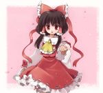  bad_id biyon bow brown_hair detached_sleeves dress hair_bow hair_tubes hakurei_reimu miko open_mouth outstretched_hand red_dress red_eyes ribbon smile solo touhou 