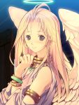  angel_wings armlet blonde_hair blush earrings grey_eyes halo highres jewelry necklace original shijimi_(osumashi) smile solo wings 