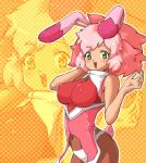  animal_ears blush bodysuit breasts bunny_ears bunny_tail green_eyes happy navel nora_(2100392) pink_hair seraphita short_hair solo tail xenogears zoom_layer 
