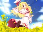  blonde_hair blush bow capelet cloud clouds dress flower flower_field ginji74 ginji_(artist) hat hat_removed hat_ribbon headwear_removed lily_white long_hair looking_back petals pinky_out red_eyes ribbon sash sky smile solo touhou very_long_hair waving wide_sleeves 