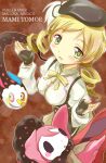  beret blonde_hair breasts charlotte_(madoka_magica) corset drill_hair fingerless_gloves gloves hair_ornament hat large_breasts magical_girl mahou_shoujo_madoka_magica open_mouth pleated_skirt skirt smile taut_shirt tomoe_mami yellow_eyes 