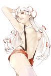  alternate_costume armpits bangs blunt_bangs bow breasts fujiwara_no_mokou hair_bow hair_ribbon hand_on_head long_hair midriff navel open_mouth posing red_eyes revision ribbon short_shorts shorts silver_hair solo suspenders swimsuit thigh-highs thighhighs touhou under_boob underboob white_hair white_legwear wristband yunar zettai_ryouiki 