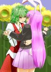 animal_ears blush bunny_ears bunny_tail collar cuffs eye_contact flower green_hair hand_holding handcuffs highres holding_hands ishikkoro kazami_yuuka leash long_hair looking_at_another multiple_girls pleated_skirt purple_hair red_eyes reisen_udongein_inaba short_hair skirt sunflower sweatdrop tail touhou very_long_hair youkai 