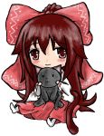 1girl blush bow brown_hair cat chibi holding long_hair mewcats mewcats_(character) miko original red_eyes simple_background sitting smile socks solo tail white_background 