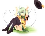  1girl arms_up black_legwear blush boots floating_object green_eyes green_hair hat hat_removed headwear_removed high_heels highres komeiji_koishi no_hat open_mouth shirt shoes sitting skirt solo thigh-highs thighhighs third_eye touhou wind yamasan zettai_ryouiki 