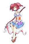  1girl absurdres asawa_ei bare_shoulders breasts cleavage geta hair_bobbles hair_ornament highres onozuka_komachi red_eyes redhead scythe smile solo touhou traditional_media twintails white_background 