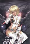  antenna armor belt blonde_hair blue_eyes bracer breasts dark_skin elbow_gloves fingerless_gloves gloves highres honeycomb honeycomb_background houtengeki insect_girl midriff monster_girl naughty_face navel original short_hair sitting smile solo thighhighs tongue wings 