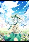  blush bondson bow cloud clouds daffodil eyeball field flower flower-field flower_field frills green_eyes green_hair hat heart heart_of_string komeiji_koishi letterboxed open_mouth petals short_hair silver_hair skirt sky smile solo sun_hat third_eye touhou tulip windmill 