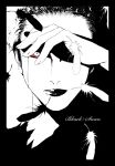  black_swan border bust feathers hand_over_eye lips monochrome nina_sayers red_sclera s_tanly solo spot_color tears 