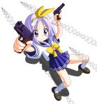  dual_wielding gun handgun highres hiiragi_tsukasa lucky_star m1911 parody pistol rindou_(awoshakushi) school_uniform serafuku sweat weapon 