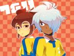  back-to-back bad_id black_eyes brown_hair dark_skin glasses hair_over_one_eye hajime_(vasu) hayami_tsurumasa inazuma_eleven inazuma_eleven_(series) inazuma_eleven_go kurama_norihito multiple_boys smile soccer_uniform 