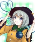  blue_eyes blush bow cofi_(eternal) eternal eyeball hand_on_hat hand_on_head hat heart heart_of_string komeiji_koishi open_mouth short_hair silver_hair solo third_eye touhou 