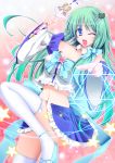  bow detached_collar detached_sleeves frog fule hair_ornament highres kochiya_sanae magical_girl midriff navel snake solo thigh-highs thighhighs touhou wink zettai_ryouiki 