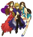  aerith_gainsborough anklet blonde_hair blue_eyes boots braid brown_eyes brown_hair cleavage cleavage_cutout cloud_strife crossdressinging final_fantasy final_fantasy_vii green_eyes hair_ribbon high_heels large_breasts legs legs_crossed long_hair long_legs odasol186 pimp ponytail ribbon side_slit sideboob thighs tifa_lockhart twin_braids 