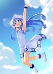  :d \o/ armpits arms_up bad_id blue_eyes blue_hair blush bracelet cloud clouds dress hat highres ikamusume jewelry jumping lens_flare lensflare long_hair open_mouth outstretched_arms peko pepepe shinryaku!_ikamusume sky smile solo tentacle_hair tentacles 