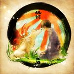  amaterasu axis_powers_hetalia bad_id brown_hair circle crossover grass highres japan_(hetalia) japanese_clothes kimono male okami olong_tea_(mame) ookami_(game) rising_sun seiza short_hair sitting solo wolf 