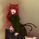  alternate_hairstyle animal_ears barefoot brown_eyes brown_hair cat_ears cat_tail highres kaenbyou_rin katoreppu messy_hair multiple_tails open_mouth simple_background skull solo tail touhou 