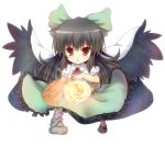  arm_cannon black_hair bow cape chibi concrete cyanomirahi hair_bow highres mismatched_footwear open_mouth red_eyes reiuji_utsuho shirt skirt solo third_eye touhou weapon wings 