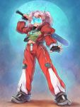  antennae baseball_bat bat densetsu_kyojin_ideon fingerless_gloves gloves ideon jewelry navel necklace open_mouth personification pink_hair sankuma solo 