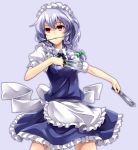  asu_hare between_fingers braid highres izayoi_sakuya knife maid maid_headdress mouth_hold red_eyes silver_hair simple_background solo the_embodiment_of_scarlet_devil throwing_knife touhou twin_braids weapon 