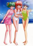  90s :d barefoot bikini blue_eyes blue_hair casual_one-piece_swimsuit english feet fujisaki_shiori green_eyes green_hair green_swimsuit hair_bobbles hairband highres kokura_masashi long_hair looking_at_viewer multiple_girls nijino_saki official_art one-piece_swimsuit pink_bikini red_eyes red_hair sarong scan short_hair smile swimsuit tankini tatebayashi_miharu tokimeki_memorial tokimeki_memorial_1 waving white_bikini 