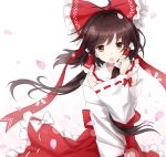  bow cherry_blossoms detached_sleeves hair_bow hakurei_reimu japanese_clothes long_hair looking_at_viewer miko mouth_hold petals smile solo touhou tucana 