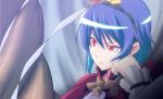  anime_coloring blue_hair h-new hand_on_own_cheek hand_on_own_face red_eyes shimenawa short_hair slit_pupils solo touhou yasaka_kanako 